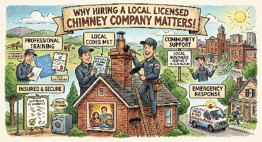 Illustration showing why hiring a local licensed chimney company matters — training, local codes, community support, and fast response