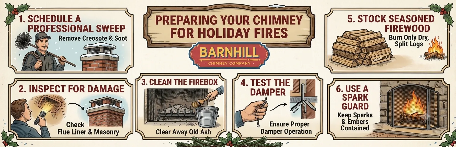 Barnhill Chimney Company infographic titled "Preparing Your Chimney for Holiday Fires".
