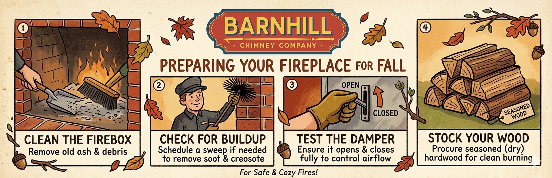 Barnhill Chimney Company infographic titled "Preparing Your Fireplace for Fall".