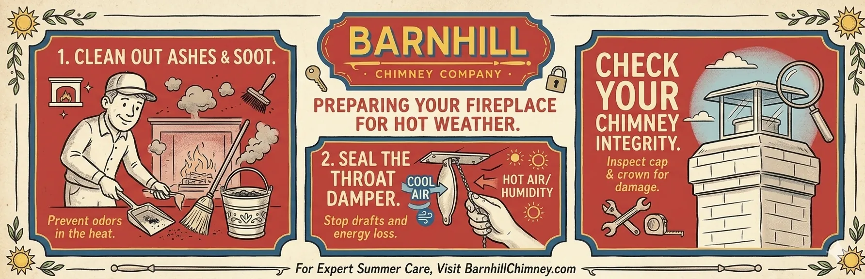 Barnhill Chimney Company infographic titled "Preparing Your Fireplace for Hot Weather".