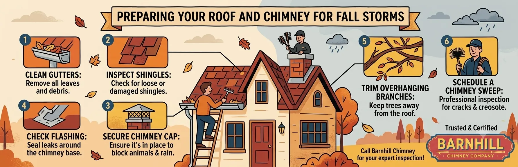 Barnhill Chimney Company infographic titled "Preparing Your Roof and Chimney for Fall Storms".