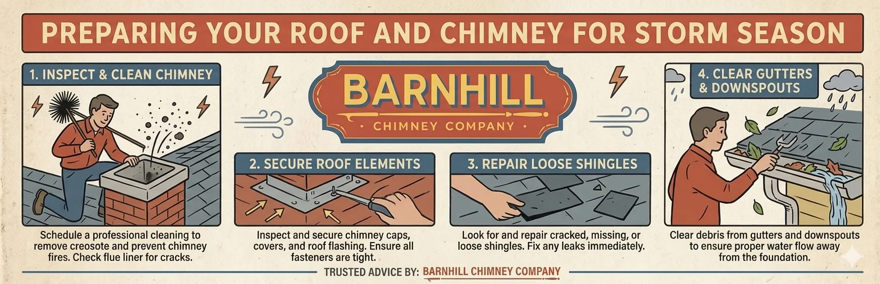 Barnhill Chimney Company infographic, “Preparing Your Roof and Chimney for Storm Season,” showing four steps: inspect and clean the chimney, secure roof elements, repair loose shingles, and clear gutters and downspouts.