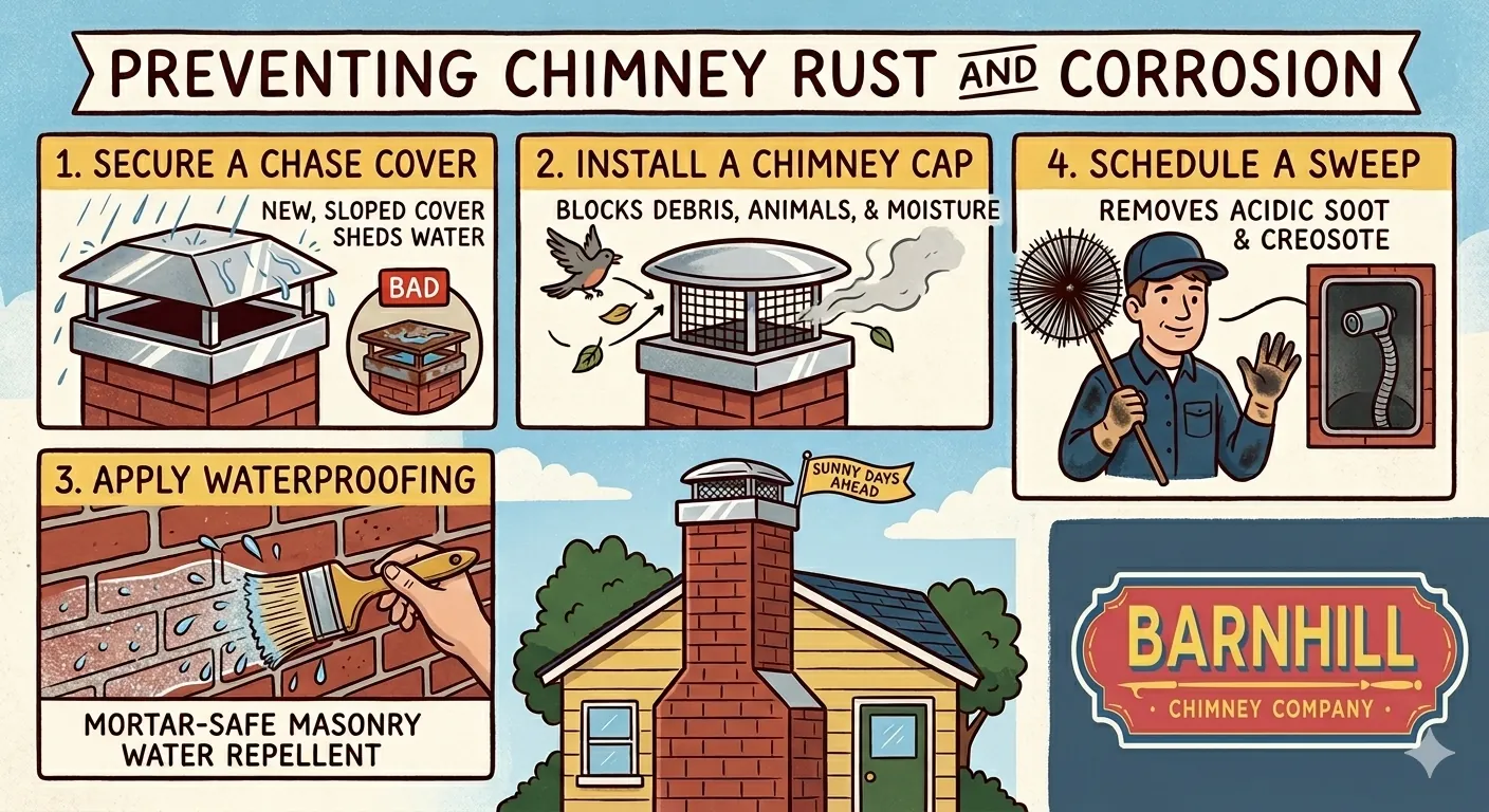Barnhill Chimney Company infographic titled "Preventing Chimney Rust and Corrosion".