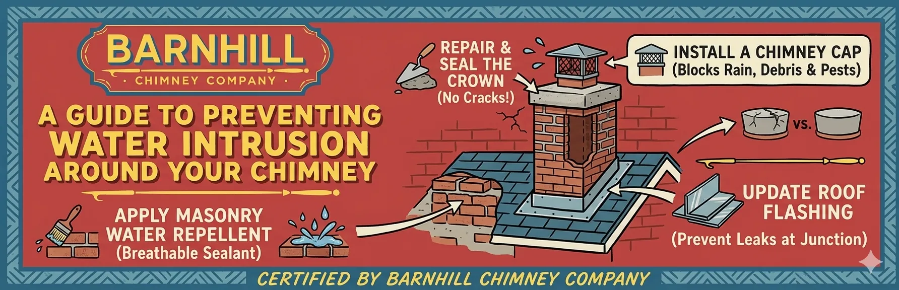 Barnhill Chimney Company infographic titled "Preventing Water Intrusion Around Your Chimney".