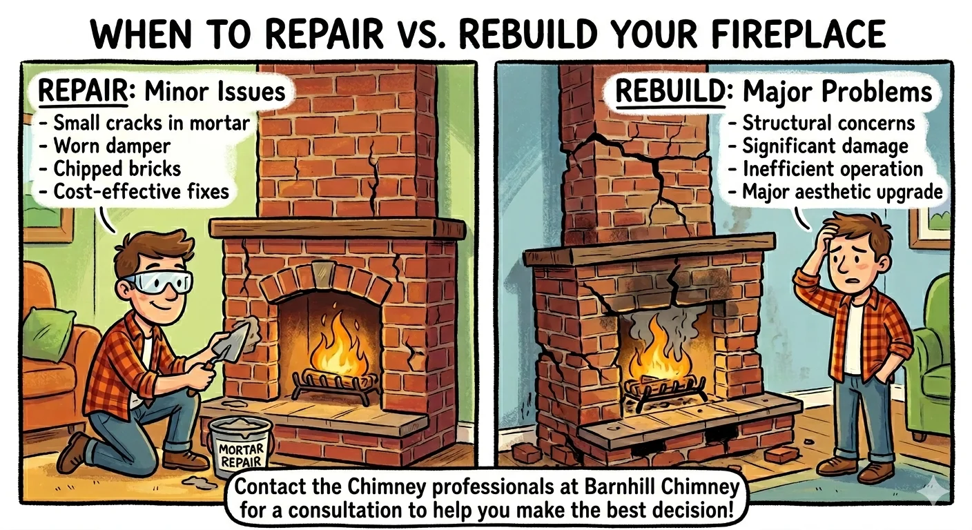Side-by-side illustration showing repair vs rebuild decisions for a fireplace from Barnhill Chimney