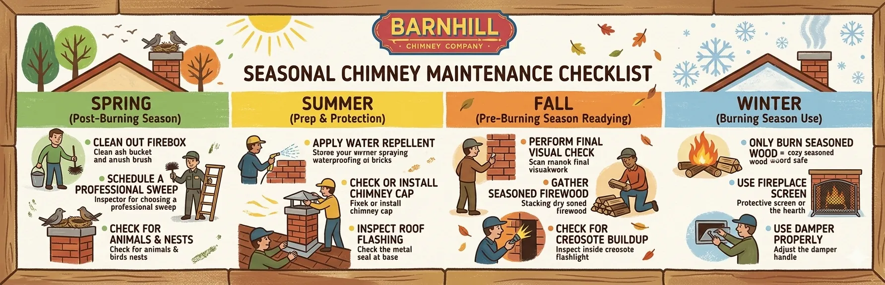Barnhill Chimney Company infographic titled "Seasonal Chimney Maintenance Checklist".