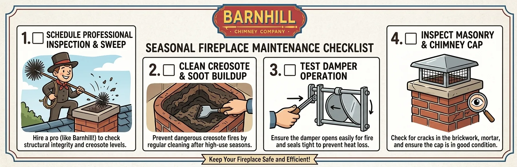 Barnhill Chimney Company infographic titled "Seasonal Fireplace Maintenance Checklist".