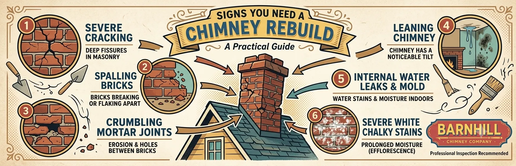 Barnhill Chimney Company infographic titled "Signs You Need a Chimney Rebuild".