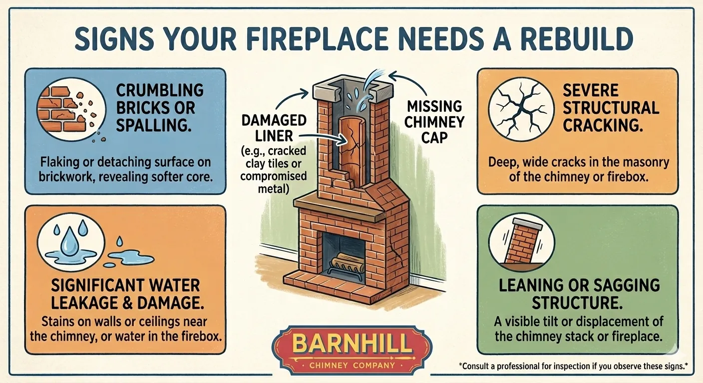 Barnhill Chimney Company infographic titled "Signs Your Fireplace Needs a Rebuild".