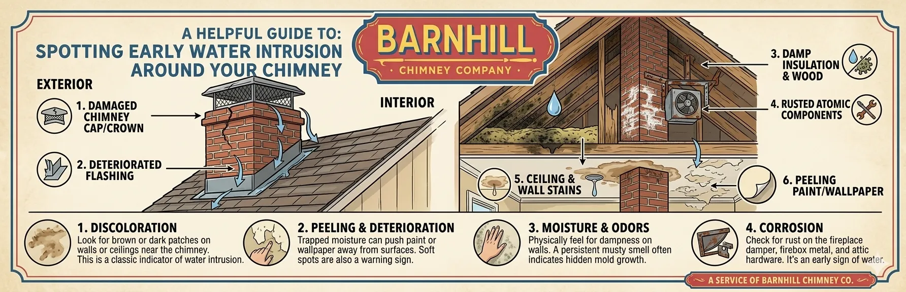 Barnhill Chimney Company infographic titled "Spotting Early Water Intrusion Around Chimney".