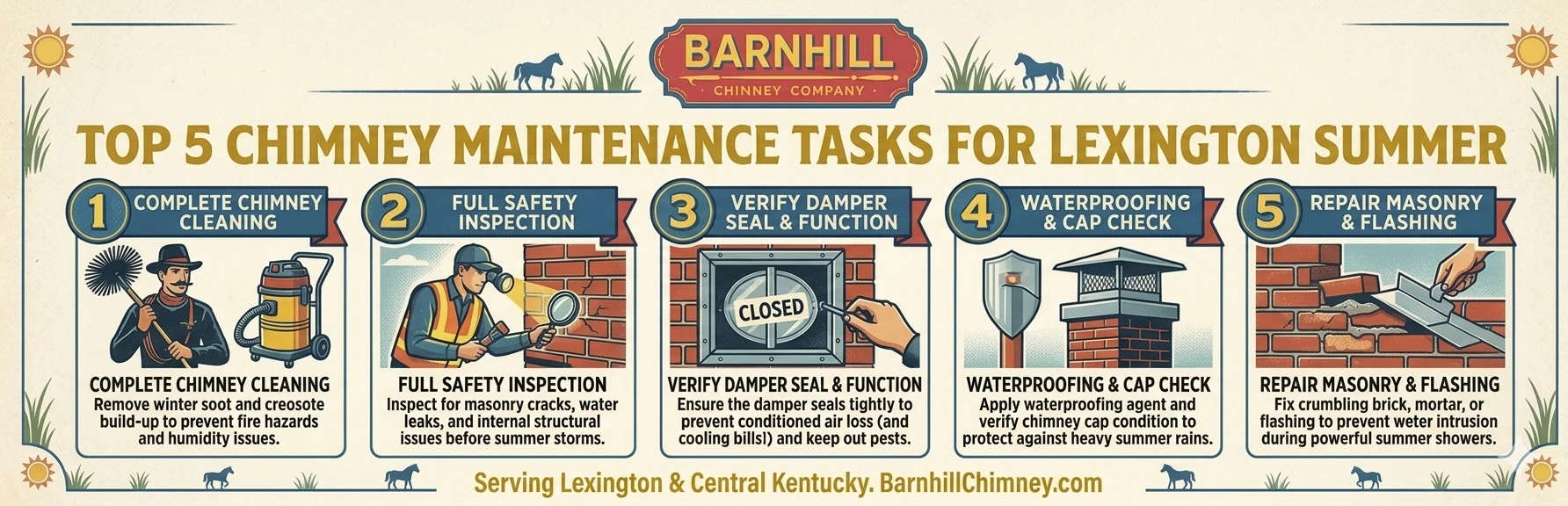Infographic of Barnhill Chimney&rsquo;s top five summer chimney maintenance tasks for Lexington homeowners: cleaning, safety inspection, damper check, waterproofing, and masonry repair