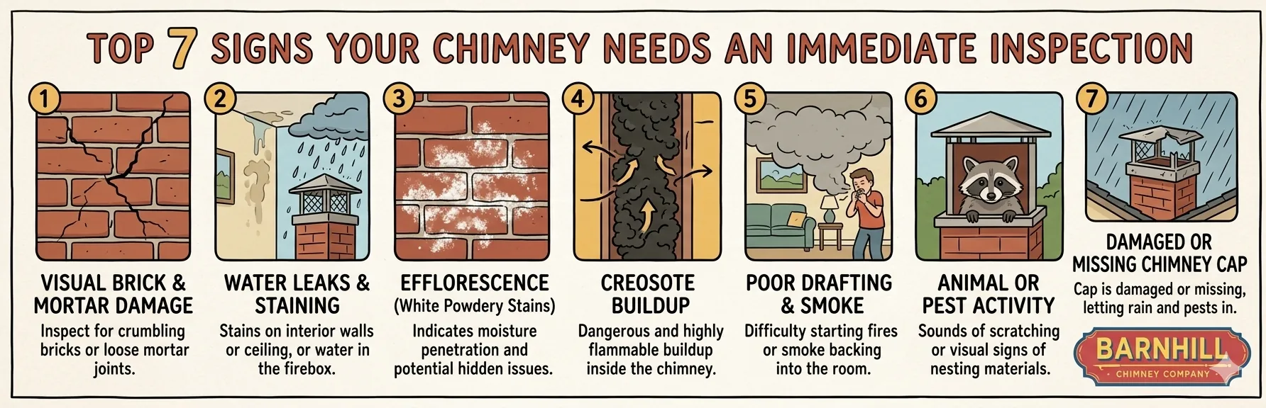 Barnhill Chimney Company infographic titled "Top 7 Signs Your Chimney Needs an Immediate Inspection".