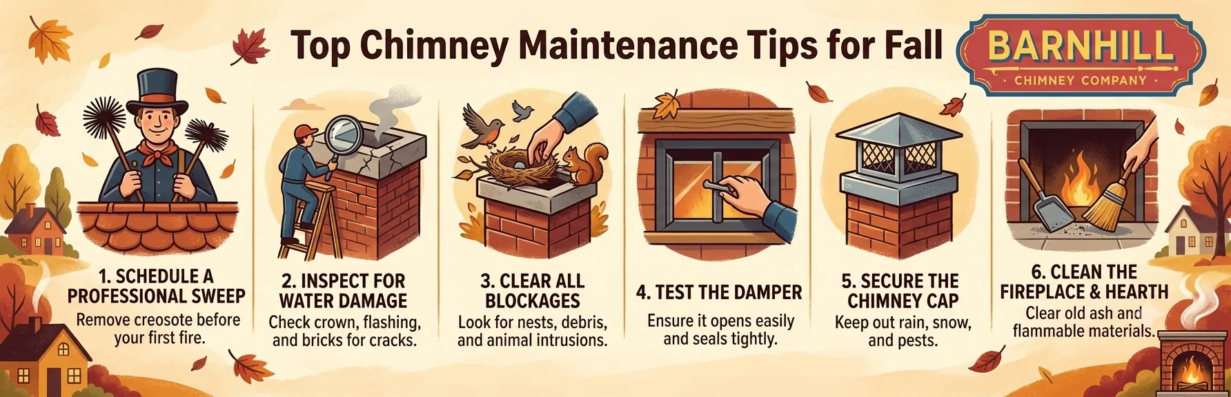 Barnhill Chimney Company infographic titled "Top Chimney Maintenance Tips for Fall".