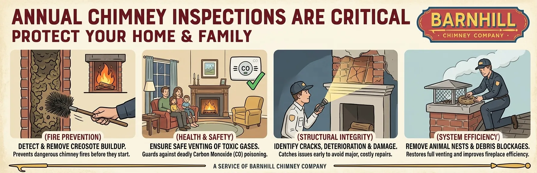 Barnhill Chimney Company infographic titled "Why Annual Chimney Inspections Are Critical".