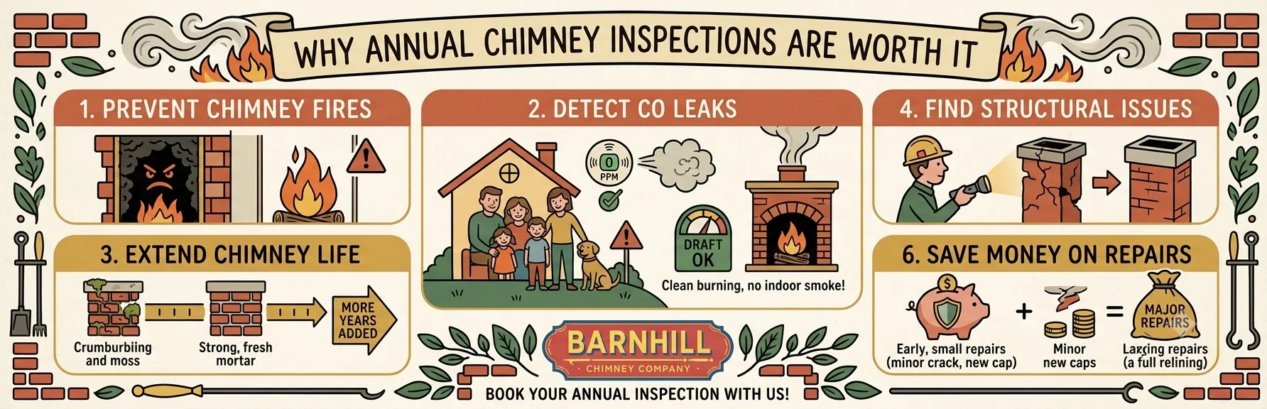 Barnhill Chimney Company infographic titled "Why Annual Chimney Inspections Are Worth It".