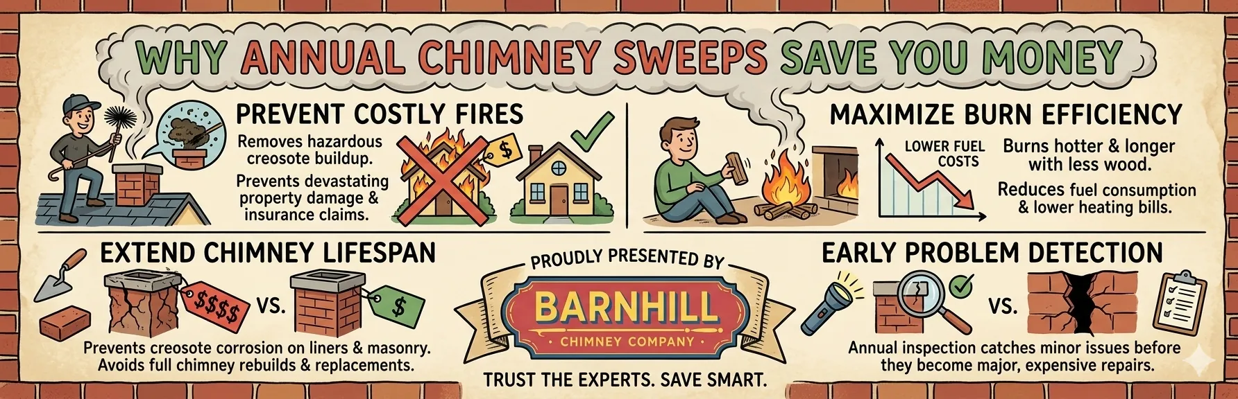 Barnhill Chimney Company infographic titled "Why Annual Chimney Sweeps Save You Money".