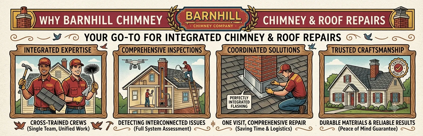 Barnhill Chimney Company infographic titled "Why Barnhill Chimney Company Is Your Go-To for Chimney & Roof Repairs".