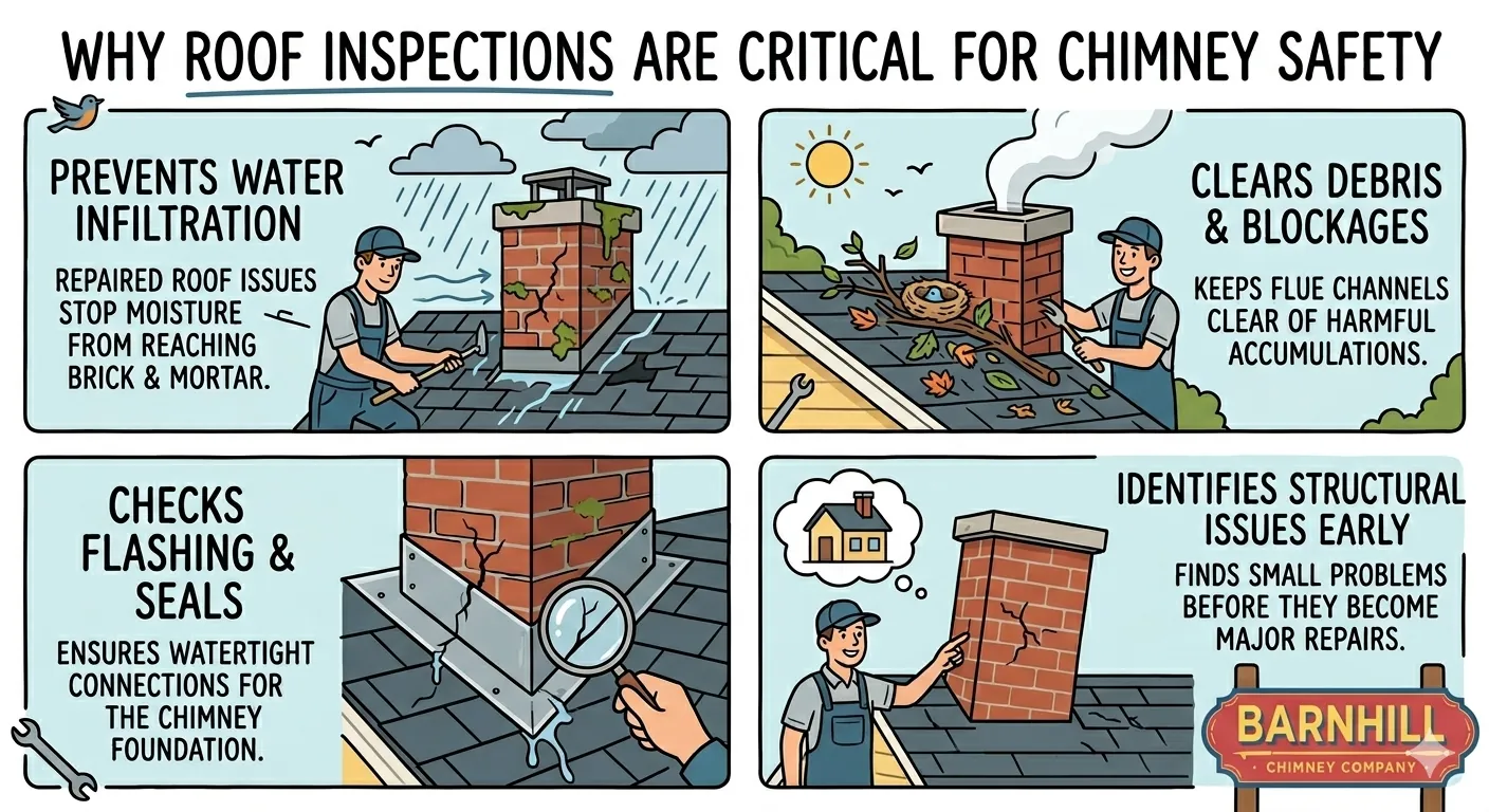 Barnhill Chimney Company infographic titled "Why Roof Inspections Are Critical for Chimney Safety".