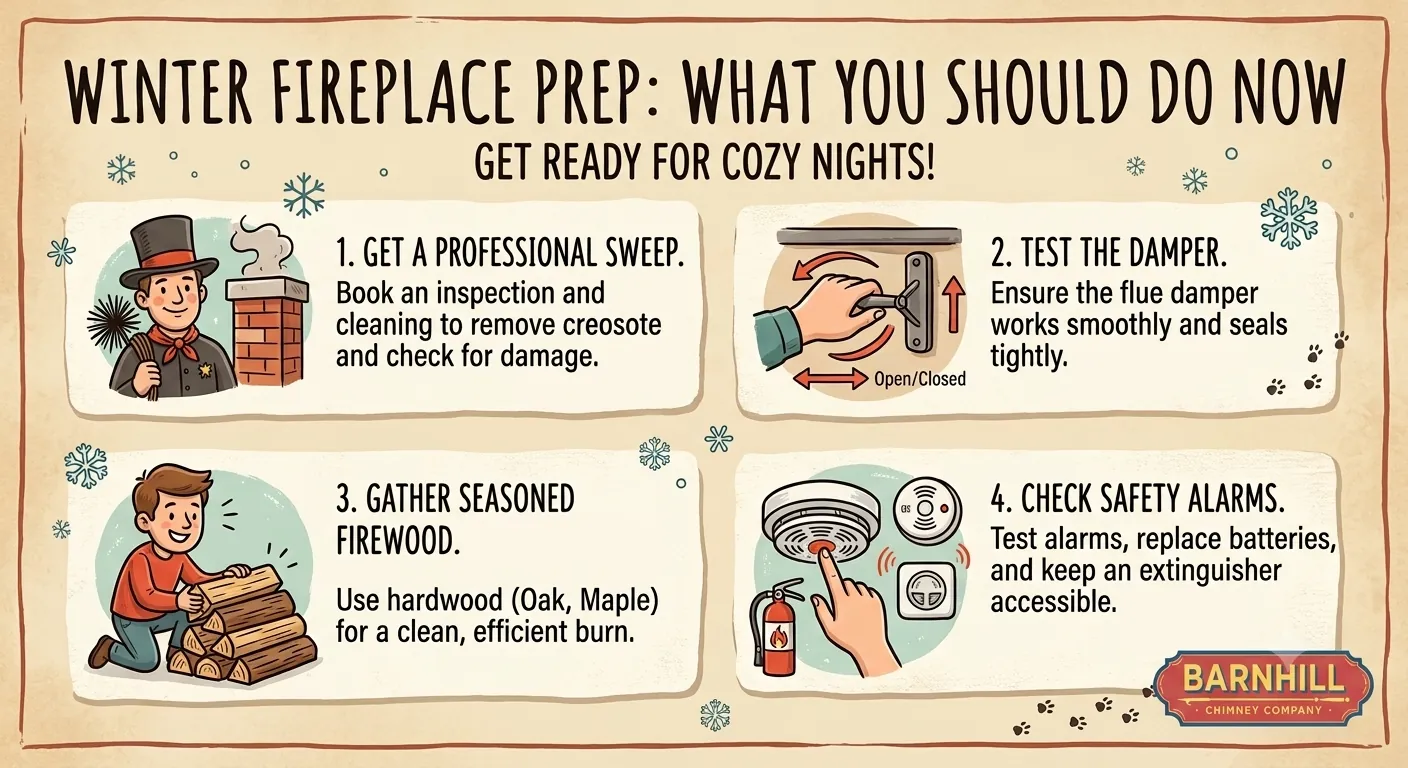 Barnhill Chimney Company infographic titled "Winter Fireplace Prep: What You Should Do Now".