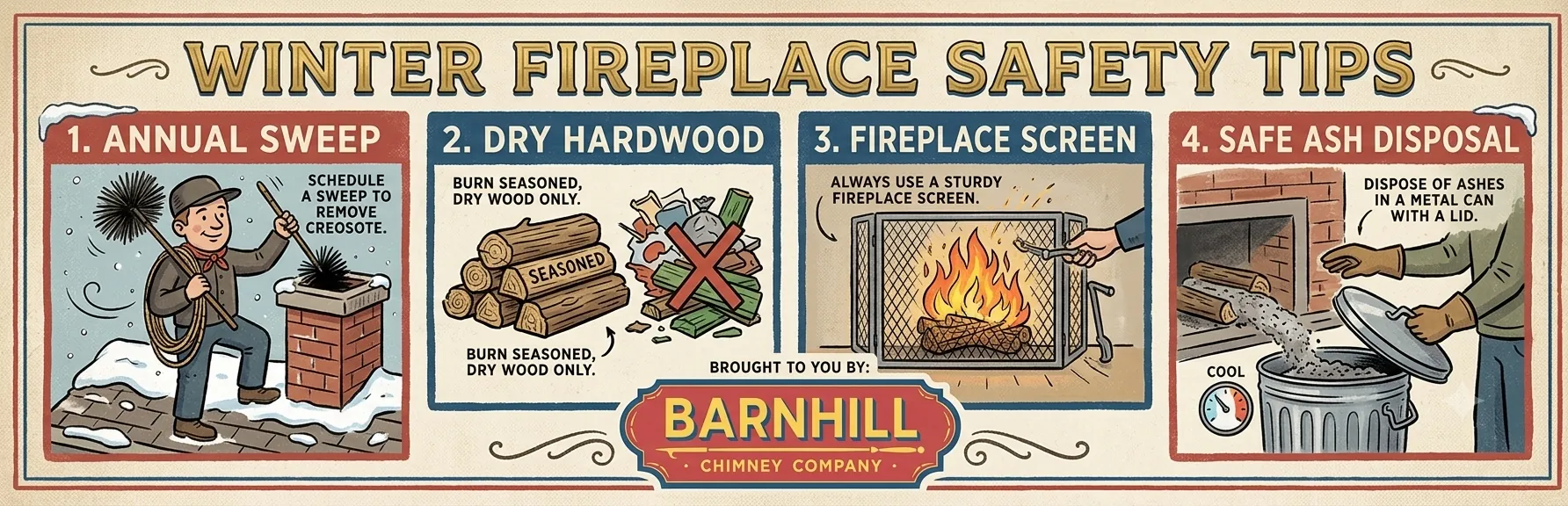 Barnhill Chimney Company infographic titled "Winter Fireplace Safety Tips".