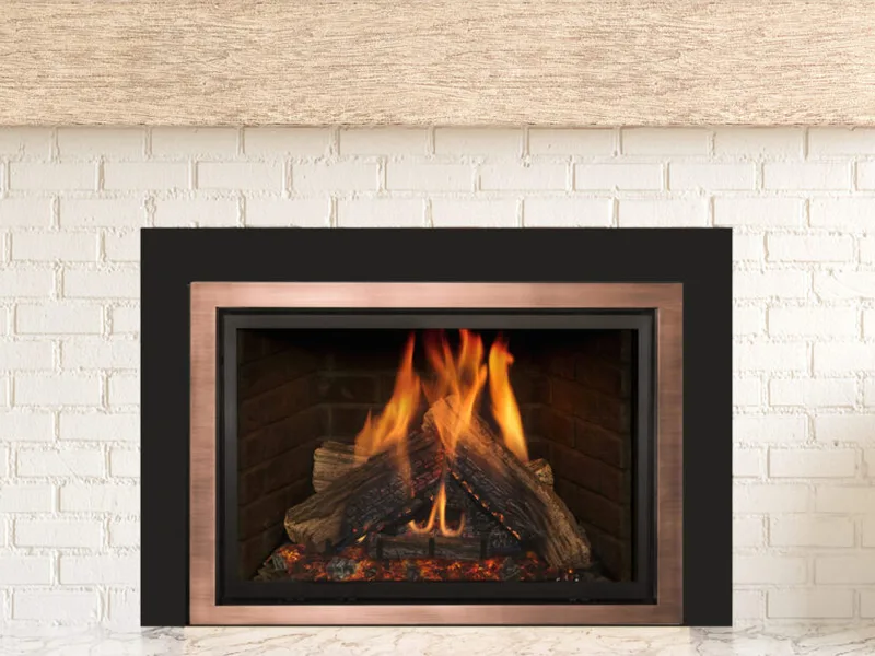 Gas fireplace insert glowing in a traditional brick hearth