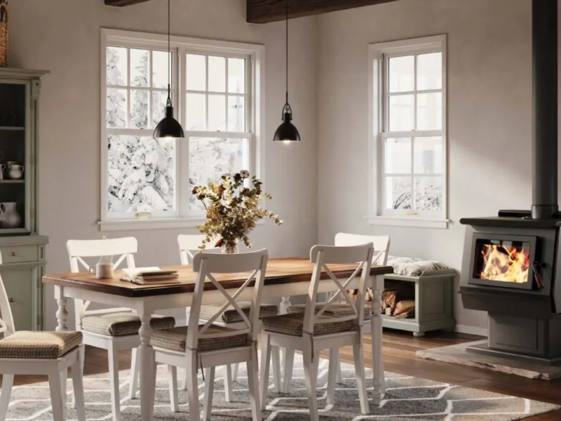 Wood-burning stove with visible flames in a cozy room