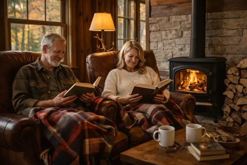 Couple reading together by their wood stove