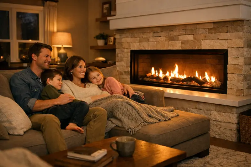Family relaxing on the couch by their gas fireplace