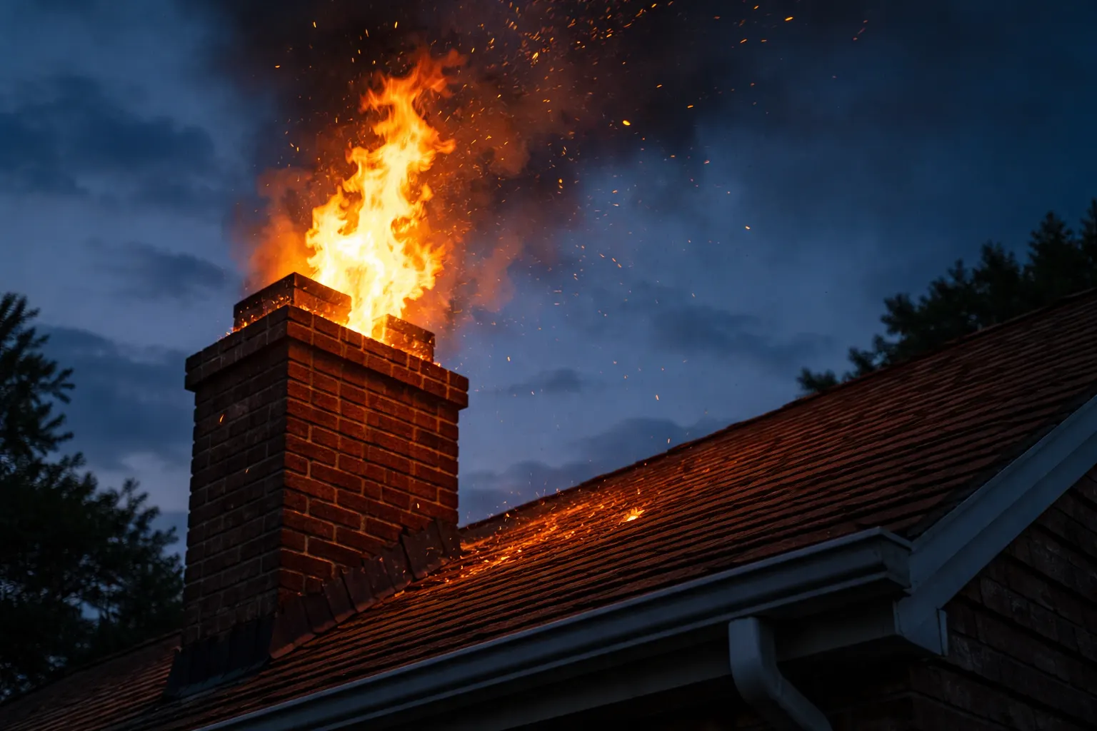 A residential brick chimney on fire at dusk with flames and embers rising from the flue