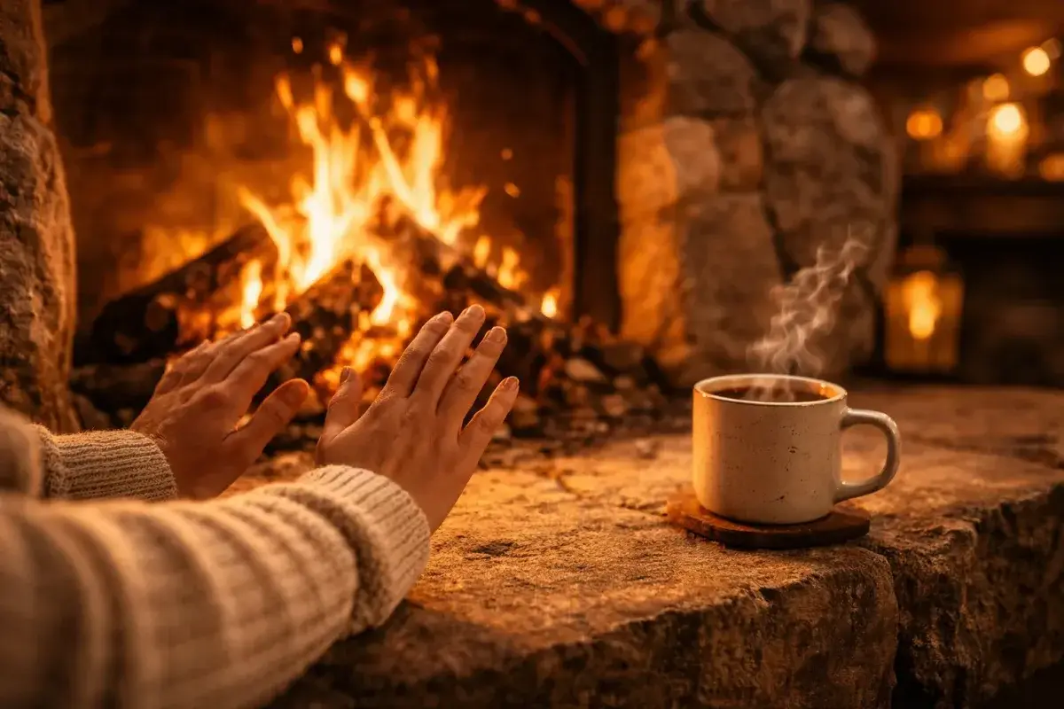 Hands warming by a cozy fireplace