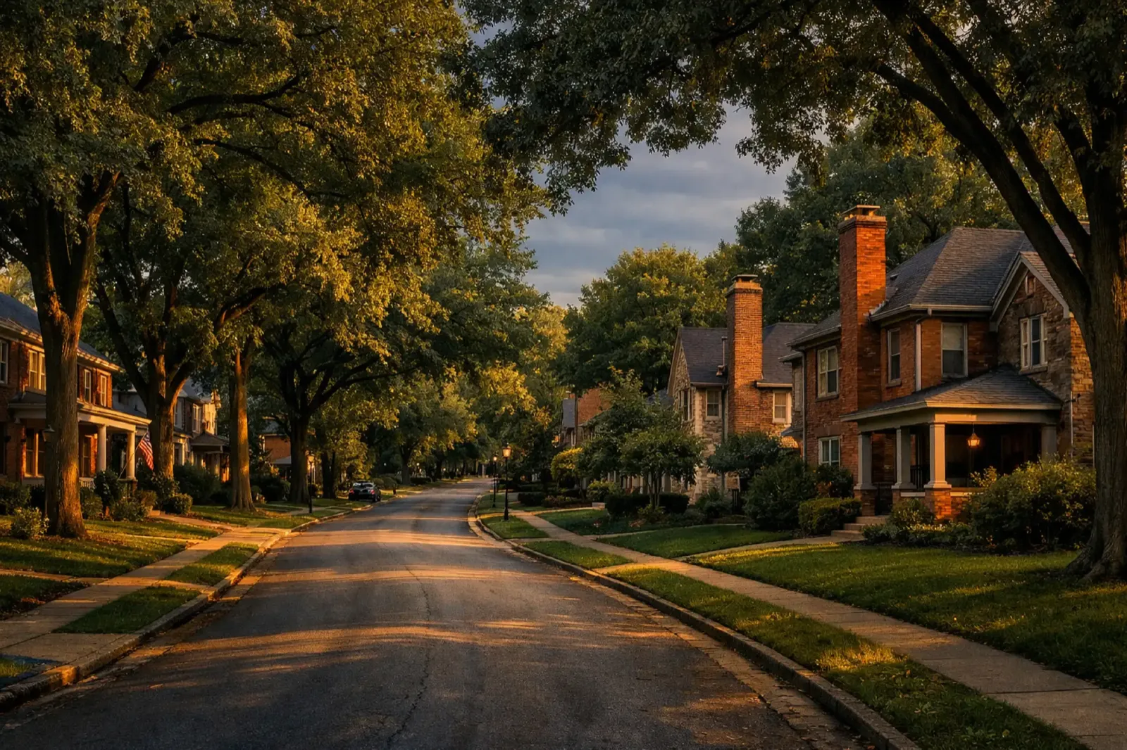 Tree-lined Kentucky neighborhood with brick chimneys
