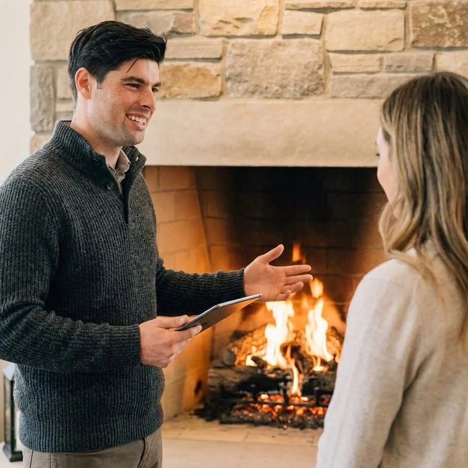 Quinn from Barnhill Chimney consulting with a customer in front of a live burning fireplace at the Lexington showroom