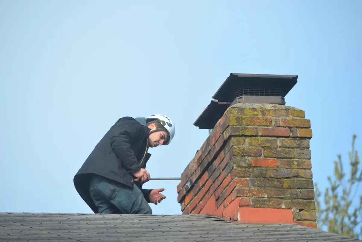 Barnhill technician assessing chimney masonry damage