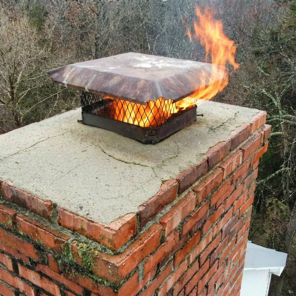 Active chimney fire on a Lexington, KY rooftop chimney