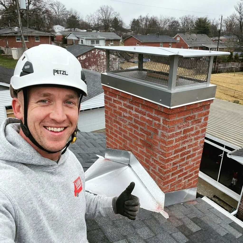 Barnhill technician on a Lexington, KY rooftop next to a chimney during leak repair