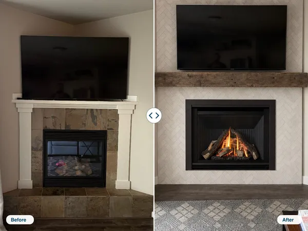 Before and after: a living room wall, then the same wall with a new gas fireplace in place