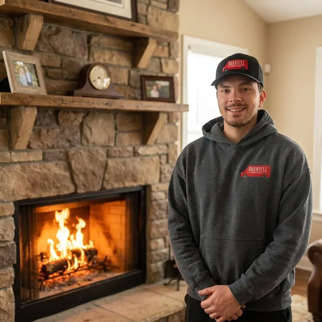 Barnhill technician beside a stone fireplace during a fireplace repair in Lexington, KY