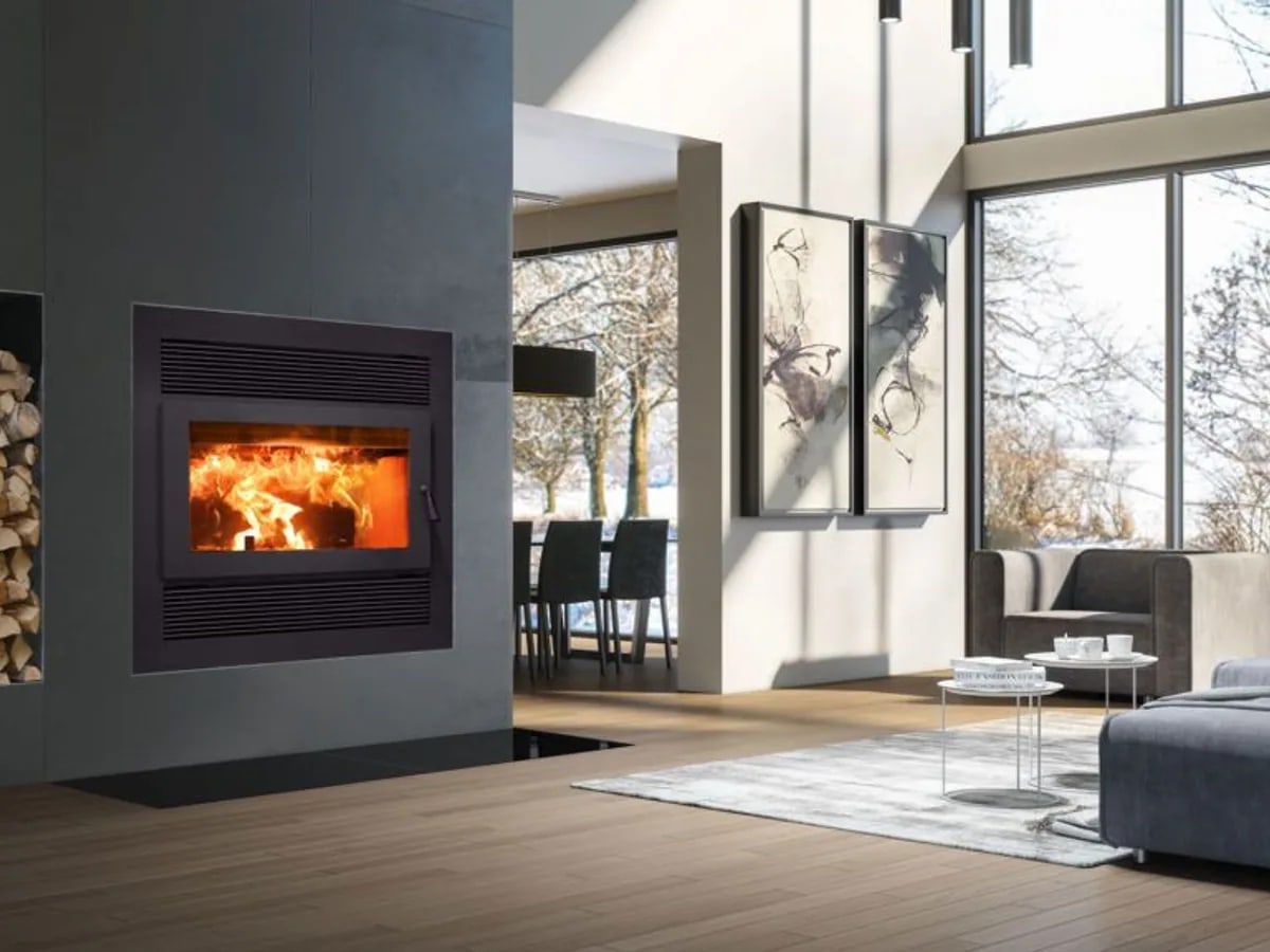 A modern living room with a new fireplace in place, the kind of picture the Fireplace Visualizer sends